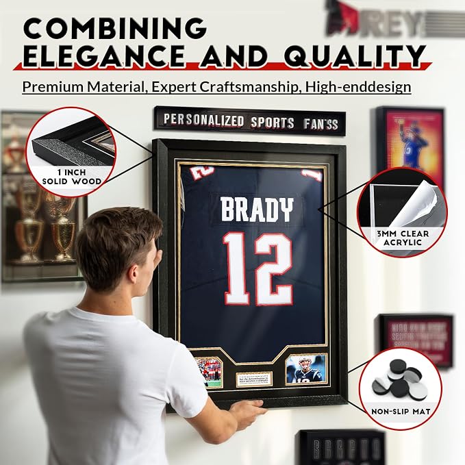 JupDec Jersey Frame Display Case, Large Clear Acrylic Shadow Box with UV Protection for Baseball Basketball Football Soccer Hockey shirts, Wall Mount Wooden Showcase, Idea Gift for Sports fans, 1 pack