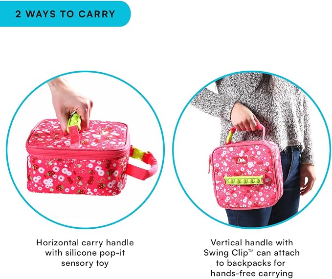 Arctic Zone Kids Lunch Box Combo with Gel Ice Pack and Sandwich Container, Insulated Bag for Travel Lunch, Sensory Fidget Toy Handle, Very Berry Cherry