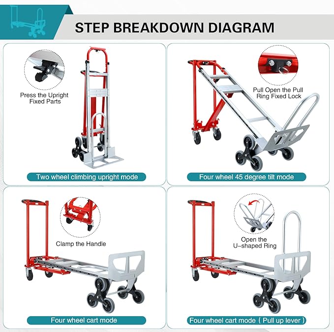 3 in 1 Industrial Convertible Hand Truck Dolly,1000 LBS Capacity Aluminum Hand Truck Dolly,Stair Climbing Hand Trucks Heavy Duty with Rubber Wheels for Moving,Transport(Red)