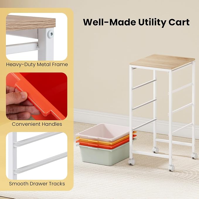 GOFLAME 4-Drawer Rolling Storage Cart, Craft Storage Cart with Wooden Tabletop and Lockable Wheels, Art Cart Supply Storage Organizer with Metal Frame for Home Office Classroom, Macaron Color