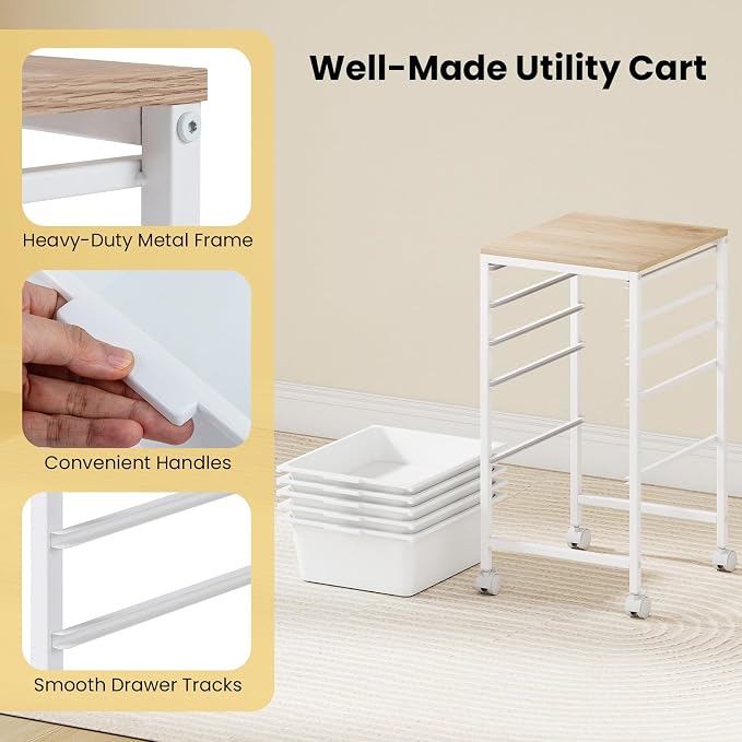 GOFLAME 5-Drawer Rolling Storage Cart, Craft Storage Cart with Wooden Tabletop and Lockable Wheels, Art Cart Supply Storage Organizer with Metal Frame for Home Office Classroom, White