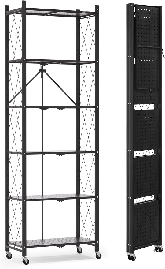 ALANNG 73.6 Inch Folding Bookshelf, 6 Tier Metal Bookcase and Bookshelves | Tall Shelves for Living Room Office Bedroom, Heavy Duty Book Shelve Free Standing Open (Black, 1PACK)