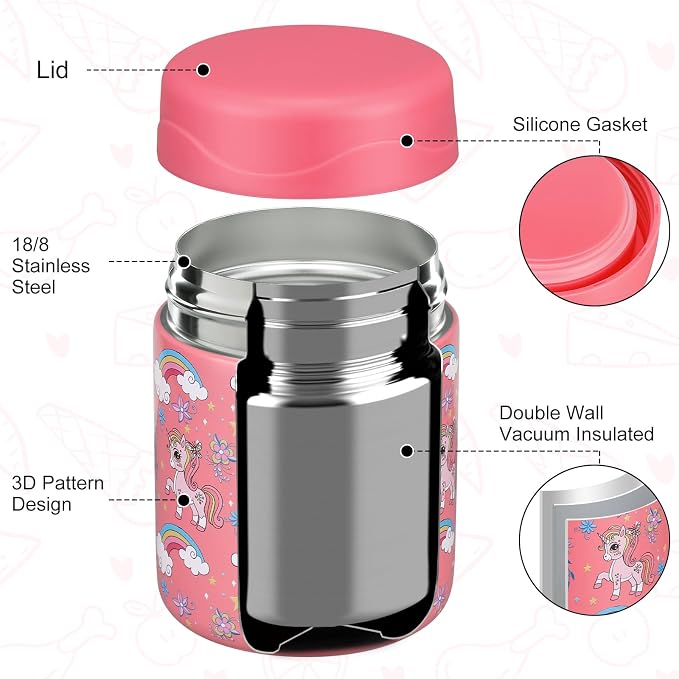 wiwens 12oz Soup Thermo for Hot Food Kids Insulated Food Jar Wide Mouth Lunch Container Leak Proof Stainless Steel Vacuum Bento Box for School Office Travel Outdoors Pink-unicorn
