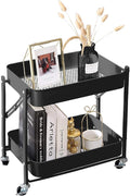 Melody House 2-Tier Metal Folding Rolling Cart, Mobile Utility Cart Trolley Storage Organizer for Office Home Kitchen Organization, Sofa Side End Table with Wheels, Black