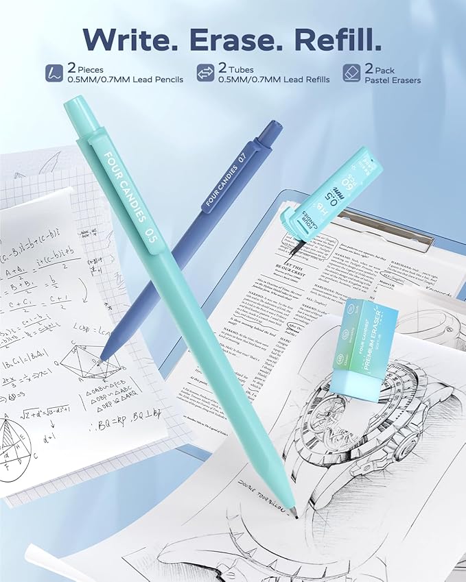 Four Candies Blue School Supplies, Gel Pens with Black Ink, Correction Tapes,Pastel Highlighters, Mechanical Pencils, Sticky Notes, Index Post for Bible Study Stationary College Essentials