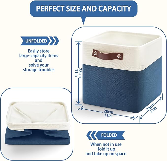 Patvingot Fabric Storage Cubes 11", 6 Pack, with PU Pull Handles,Foldable | For accessories on cube shelves or in closets; reinforced opening, pull-out access, folds flat when empty,white and blue