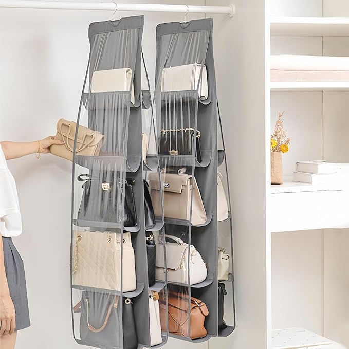 HAN SHENG 10 Pockets Clear Handbag & Purse Organizer Hanging Bag Storage - Space Saving Hanging Shelf for Closet, Wardrobe, Over Door (2 Pack, Grey)
