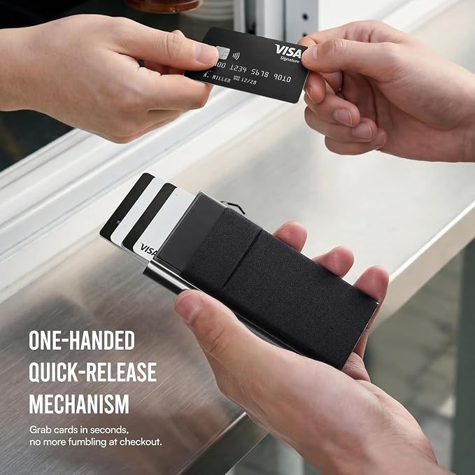 Bauhaus Slim Wallet for Men Pop-Up Card Holder | Ultra-Thin RFID NFC Blocking Automatic Ejector | Lycra Elastic Pocket Holds 7 Cards + ID + AirTag + Cash | Gift for Men Black and Gunmetal
