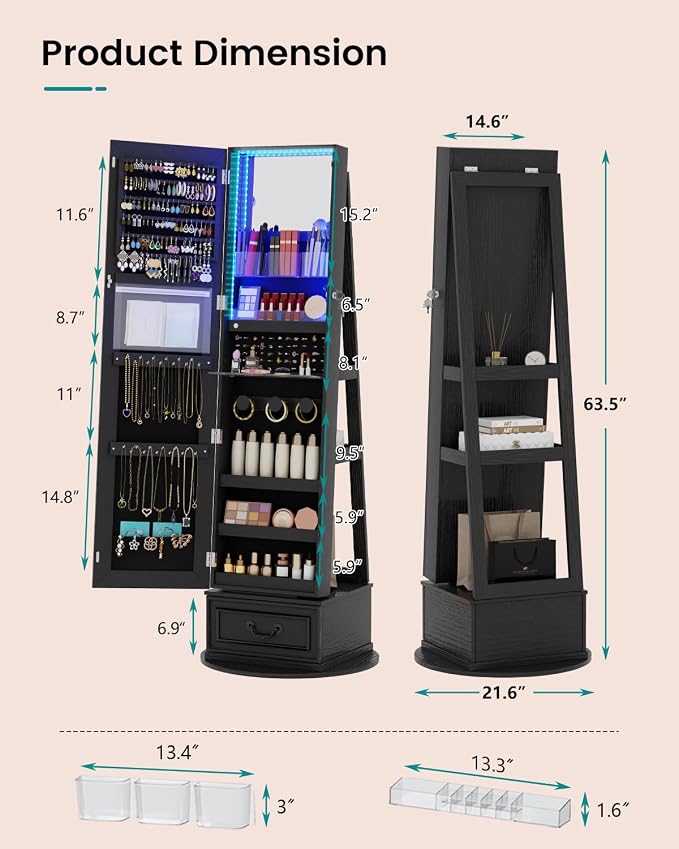 Vlsrka Mirror Jewelry Cabinet Standing with Lights, Lockable, Swivel, Black | Standing Jewelry Armoire with Full Length Mirror, Large Jewelry Organizer Storage with Foldable Makeup Shelf, 3 LED Lights