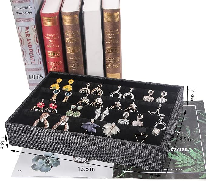 Julysky 2 Pcs/set Stackable Jewelry Organizer Trays，Earrings Tray+Earrings Tray, Jewelry Displays for Selling,Black