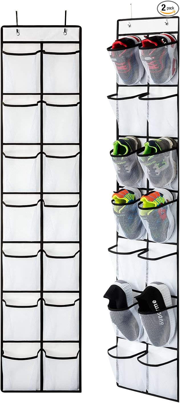 KEEPJOY 2 Pack White 14 Pockets Over the Door Shoe Organizer, Hanging Shoe Organizer with 4 Hooks, Shoe Holder with 14 Mesh Pockets Closet Door Shoe Storage Bag (White-2Pack)