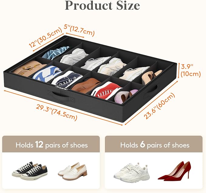 Lifewit Under Bed Shoe Storage Organizer Fits 12 Pairs, 2-Pack 3.9 Inches Tall Low Profile Fabric Shoes Container Box, Slim Shoe Organizer with Clear Cover and Handle, Black