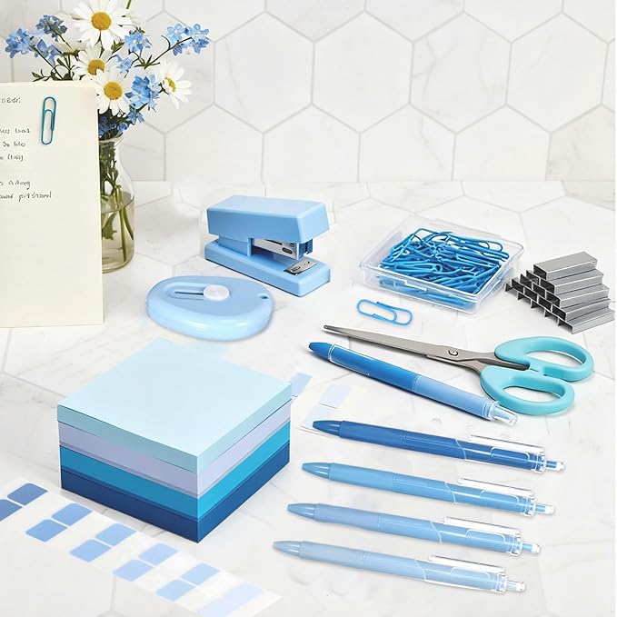 Mini Blue Office Supplies Kit Blue School Supplies Christmas Gift Desk Accessories with Gel Pens Sticky Notes Stapler Scissor Paper Clips Index Tabs Box Cutter for Christmas Gifts Office