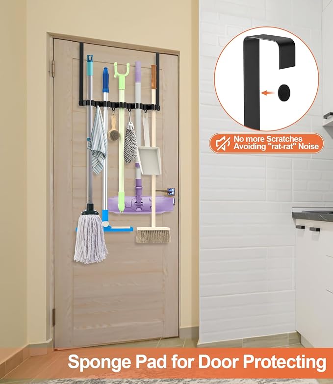 Broom Holder Over The Door with 4 Over Door Hook, Drilling Free Mop - Black | Save Space, Metal Mop and Broom Storage Wall Mount Broom Storage Tool Organizer for Laundry Room Garage Kitchen Bathroom