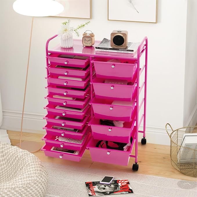 DREAMADE Rolling Cart with 15 Drawers, Rolling Drawer Organizer Cart w/Lockable Wheels, Removable & 2-Sized Storage Drawers, Art Cart for School Home Art Supplies Crafts File Scrapbook