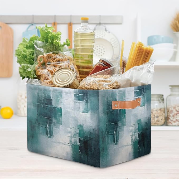 Rectangle Storage Baskets for Shelves, Abstract Teal Gray Texture Storage Cube Organizer Bins Collapsible Toy Basket for Nursery Home Room
