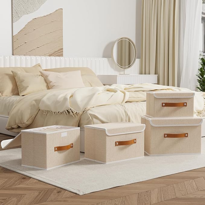 OUTBROS Large Fabric Storage Box with Lid, Collapsible Wardrobe Organiser, Linen Cubes For Towels, Clothes, 13 x 9.1 x 7.9 inch (Beige, 3-Pack)