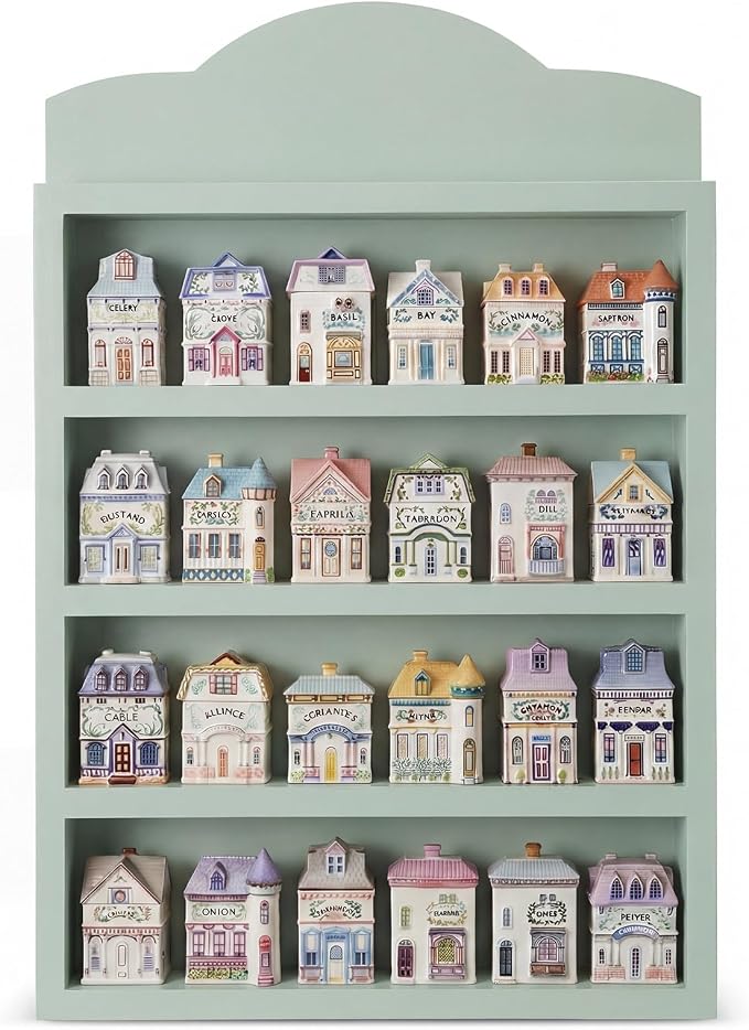 Chunful Vintage Spice Jar Wooden Rack Green Cottagecore Spice Shelf for 24 Jars, Village Style Wall Mounting Kitchen Storage Decorative Hanging Display Rack, Shelf Only(21 x 14 Inches)