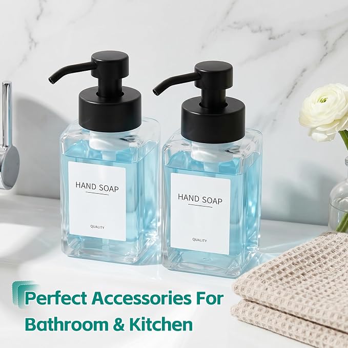 Foaming Soap Dispenser, 12oz/350ml Glass Foaming Hand Soap Dispenser Set, 2Pcs Refillable Foam Soap Dispenser With Foaming Pump, Labels, Square Foam Soap Hand Dispenser For Bathroom, Kitchen