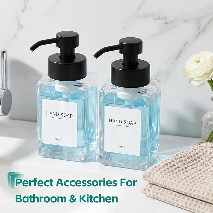 Foaming Soap Dispenser, 12oz/350ml Glass Foaming Hand Soap Dispenser Set, 3Pcs Refillable Foam Soap Dispenser With Foaming Pump, Labels, Square Foam Soap Hand Dispenser For Bathroom, Kitchen