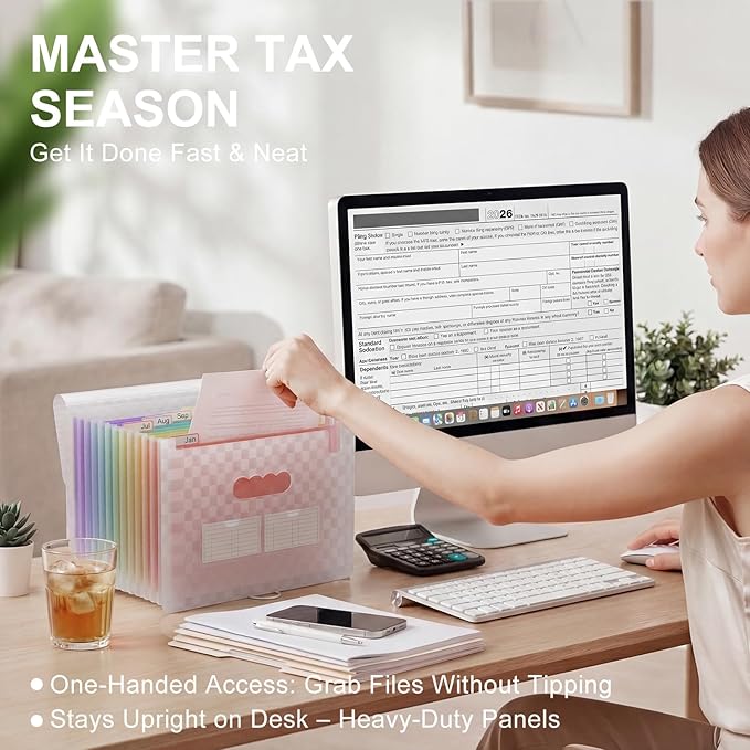 ThinkTex Accordion File Organizer, 12 - Pocket Expanding File Folders for Paper Receipts, Bills & Taxes Organizer, Letter/A4 Size Document Holder for School, Office, Home with Colorful tabs- Pink