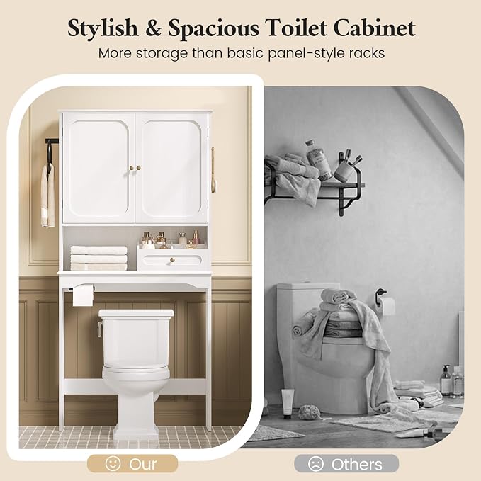 Over The Toilet Storage Cabinet with Adjustable Shelves & 2 Doors, Bathroom Storage Cabinet with One 4-Section Drawer, Towel Holder & Toilet Paper Holder for Bathroom, Laundry Room