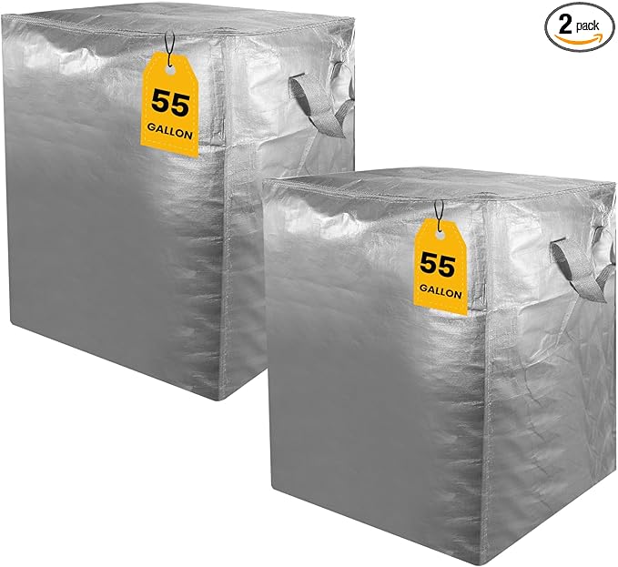 2 Pack 55-Gallon Heavy Duty Moving Bags, Large Storage Totes with Zipper, Alternative to Moving Boxes for Storage, Seasonal Clothes, Student Moving, College Dorm (Silver Gray)