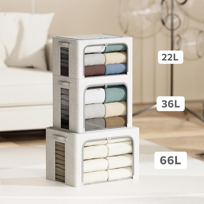 4 Pack Clothes Storage Bins with Metal Frame - 66L Stackable Storage Box with Lid，Foldable Storage Container Organizer for Clothes，Linen Fabric Storage Box with Clear Window＆Zippers＆Handles