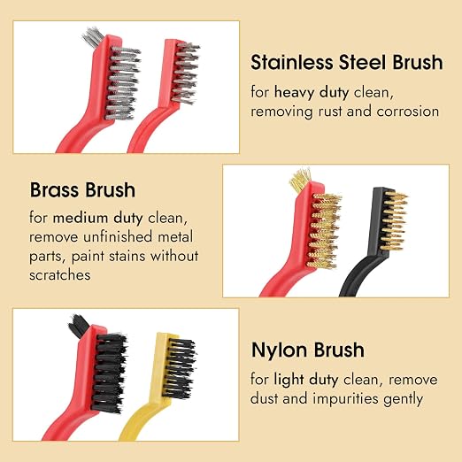 Wire Brush for Cleaning, Small Brass Steel Nylon Brush, Metal Rust Remover | 6 Pcs, Rust/Grease/Paint Removal on Metal/Wood/Grill, Curved Head for Tight Spots, with Hang Hole, Ergonomic Handle, 7 in