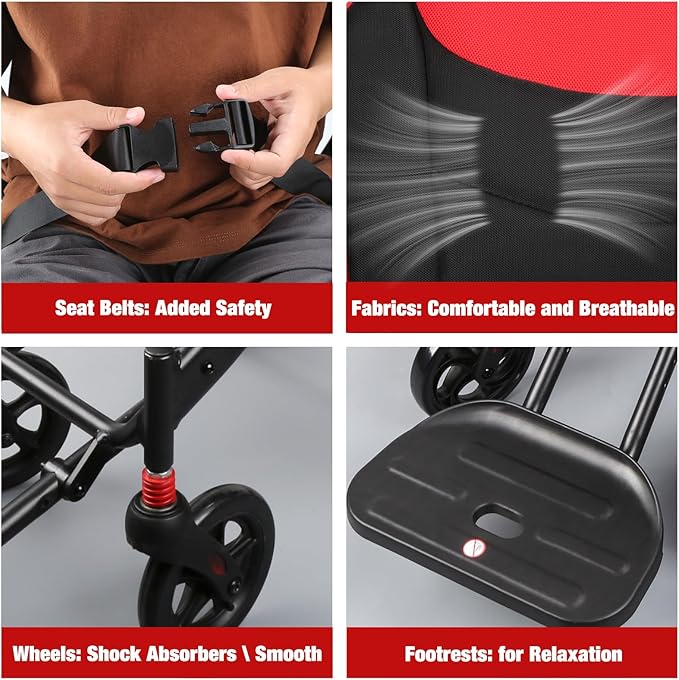 Wheelchairs for Adults,Transport Wheelchair Lightweight Foldable with Removable Cushion,Ergonomic Transfer Chair with 11-inch Rear Wheels for All Terrains,Travel Wheelchair,Red