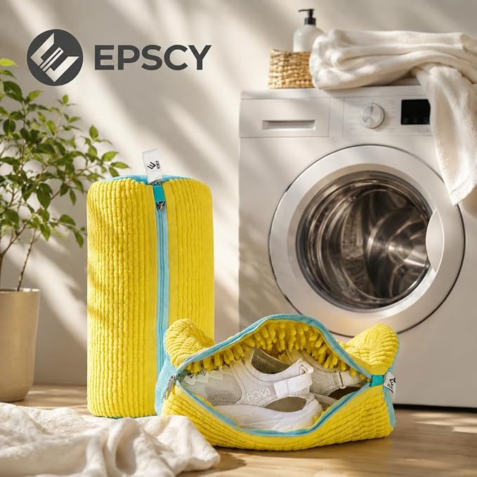EPSCY Shoe Washing Machine Bags - Reusable Sneaker Laundry Shoe Bag with 360° Deep Clean Mesh - Self Locking Zipper, Noise Reduction Washing Bag Fits All Shoes Sizes and Types - Yellow, Pack of 2