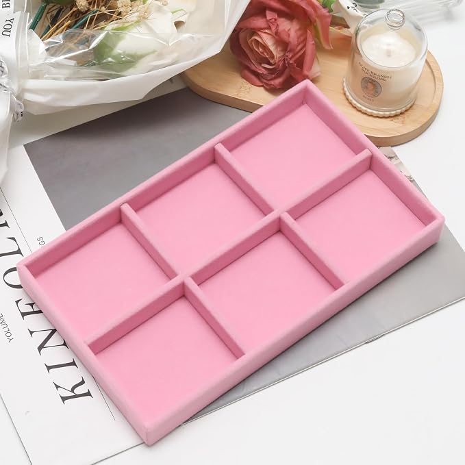 Velvet Jewelry Trays for Drawers, Pink Stackable Jewelry Drawer Organizer Inserts, Ring Earring Necklace Bracelet Holder Organizer Storage Display Tray with Removable Dividers, 6 Grids
