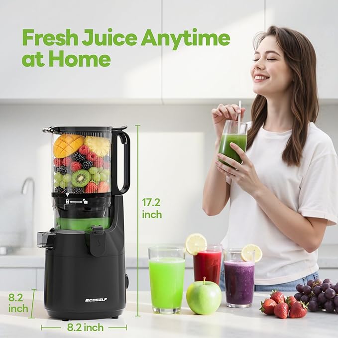 ECOSELF Juicer Machines, 5.3" Large Mouth Feed Chute with Self Feeding & Hands-Free Design, Juice Extractor Machine for Fruit & Leafy Greens, Juicer Machine Easy to Clean, With Pusher