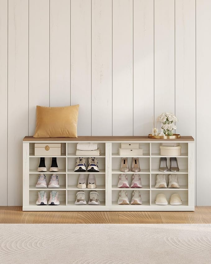 Hzuaneri Shoe Storage Bench, Wooden Entryway Shoe Benches with Cubby | Widened Wooden Farmhouse Shoe Bench with Compartments, Shoe Rack Benches for Cloakroom, Living Room, Antique White SB24614X