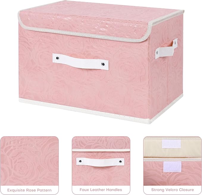 ANMINY 4PCS Fabric Storage Bin with Lid Rose Print Storage Box Basket with PU Leather Handles Washable PP Plastic Board Decorative Foldable Lidded Shelf Cubes Closet Organizer - Pink, Large Size