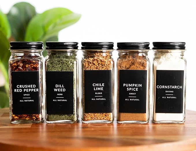 Black Spice Labels for Glass Jars, 148 Spice Jar Labels Stickers Preprinted Waterproof, Rectangle Herb Seasoning Stickers Containers Kitchen Pantry Organization
