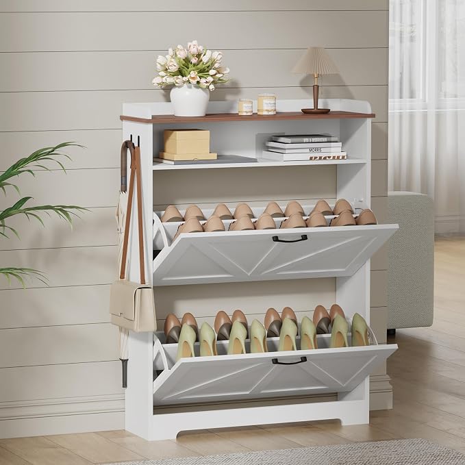 Shoe Cabinet with 2 Flip Drawers, Farmhouse Narrow Shoe Cabinet Organizer with 2 Adjustable Shelves & 2 Hooks, Shoe Rack for Entryway, Foyer, Hallway, White, 31.5" W x 8.7" D x 41.7" H