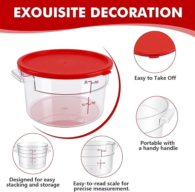 4-Pack Food Storage Containers with Lids,Round Plastic Containers for Kitchen, Food Grade, BPA-Free, Stackable, Clear Red Storage Buckets (Red, 2L)