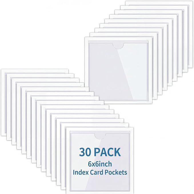30 Pack Self-Adhesive Index Card Pockets with Top Open for Loading - Ideal Index Card Holder for Organizing and Protecting - Crystal Clear Plastic(6 x 6 Inches)