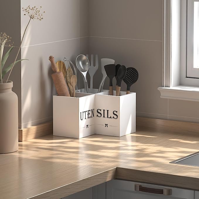 Suli Extra Large Utensil Holder Countertop for Kitchen Counter,Wood,White | Hold 40 Utensils,4 Removable Divider,Rutic Silverware Organizer Caddy,Spacesaving,Farmhouse Cooking Crock for Spatula,Spoon