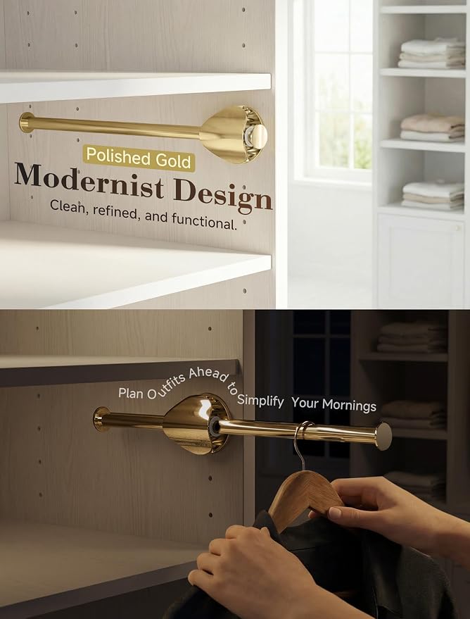 INMAKER Valet Rod for Closet Slide out | Pull out to 9.5" Hanger Rod for ≥12" Deep Closet, Polished Gold, 1 Pack