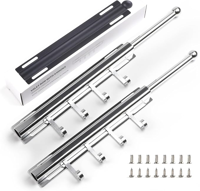 BaiNong Valet Rod for Closets Pull Out 12" Silver with 4 Hooks (2Pack) | Closet Valet Rod Slide Out for Closets, Laundry Rooms, RVs Space-Saving