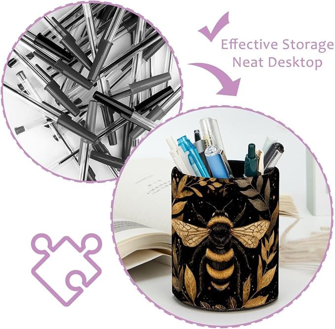 Faux Leather Pen Holder for Desk, Pencil Organizer Golden Bee Pen Cup Desk Decor Makeup Brush Holder Storage for Office Home