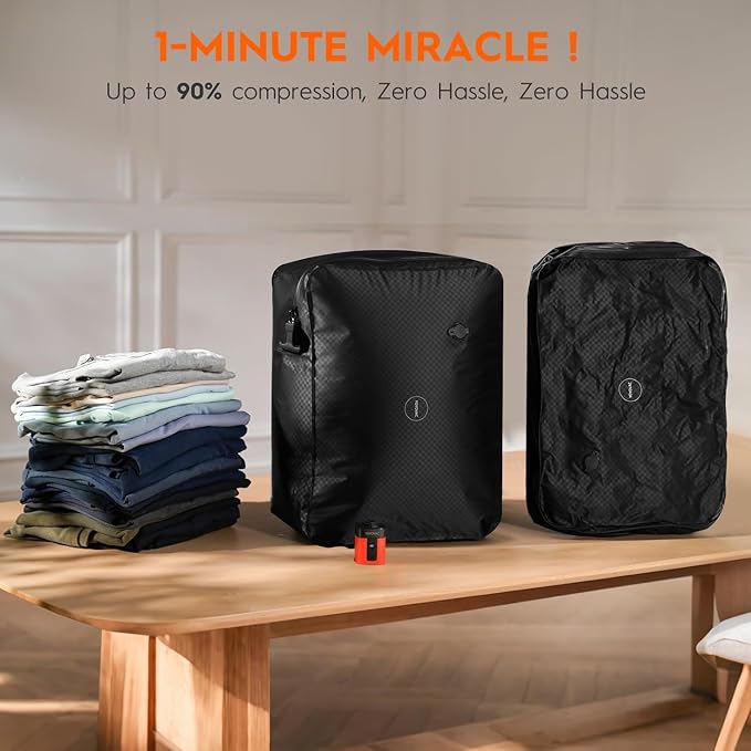 Vacuum Bags with Wireless Pump– Space Saver Compression Bags for Luggage, No Checked Baggage, Triple Your Luggage Space, IP68, Reusable, 43L Fits 20/24/28 Inch Suitcase (3PC+Pump (No Tracker))