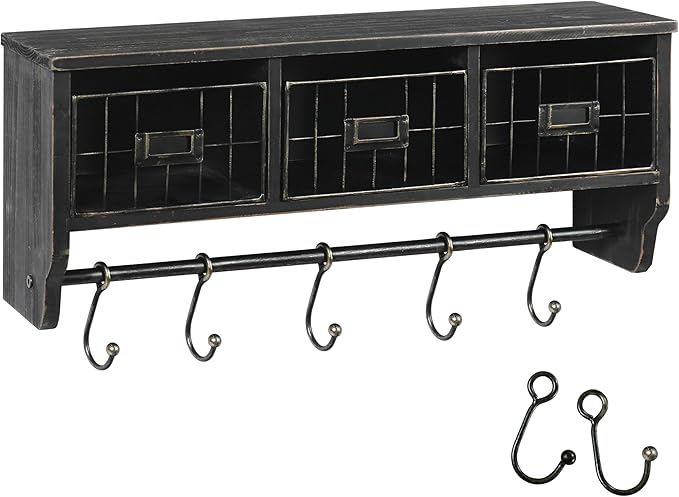 BizChair Wall Mounted Storage Rack - Blackwashed Solid Pine Wood - 24 Inch - Upper Shelf - 5 Hooks - Wire Baskets - For Entryway, Kitchen, Bathroom