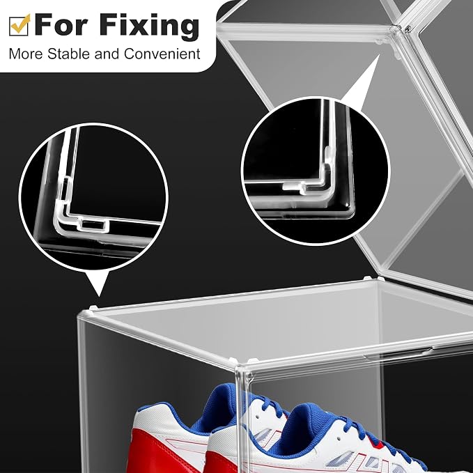 12 Pack Plastic Shoe Storage Boxes Fit US Size 13, Clear Stackable Shoe Display Case with Acrylic Magnetic Side Door, Shoe Containers for Sneaker Storage, Hats, Figure, Collectible