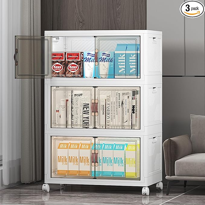 UAMFURI Stackable Storage Bins with Lids, 156QT Closet Organizers and Storage with Doors and Wheels, Extra Large Storage Cabinet, Collapsible Plastic Drawers for Bedroom Dorm Office Garage