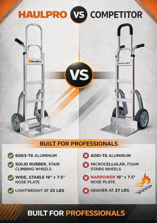 Dual Handle Stair Climbing Hand Truck, 500 lb Capacity Aluminum Dolly, 8" Puncture Resistant Wheels, Heavy Duty Appliance & Furniture Mover, 54" x 18.5" with Large Nose Plate