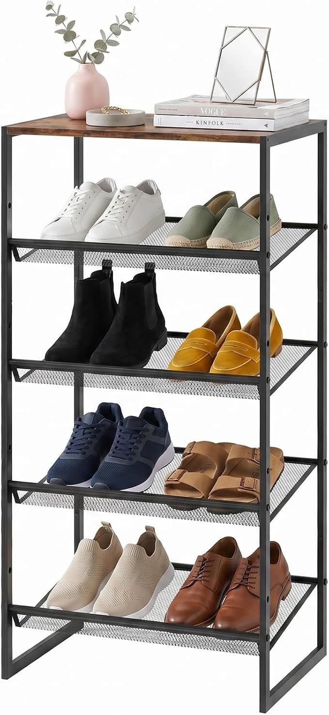 Shoe Rack for Entryway,，5 Tier Shoe Storage Organizer，Sturdy Shoe Shelf,Boot Rack with a Fine Mesh Shelves，for Living Room, Hallway，Small Space,11.8 x 16.5 x 27.9 Inches,Brown