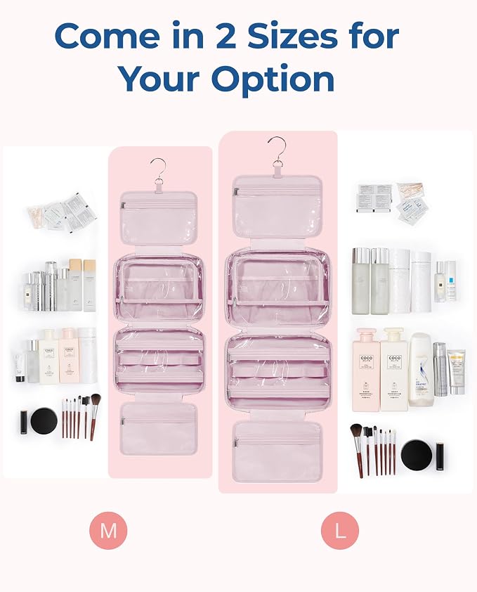 BAGSMART Travel Toiletry Bag with Jewelry Organizer, Hanging Travel Bag for Toiletries, Puffy Makeup Cosmetic Bag Organizer, Carry-on Travel Accessories Essentials, Pink-L